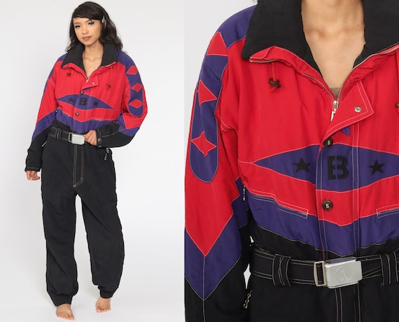 90s Snowsuit Men's 40 Ski Suit One Piece Winter Black Red Ski Suit Belted 1990s Retro Vintage Sportswear Medium