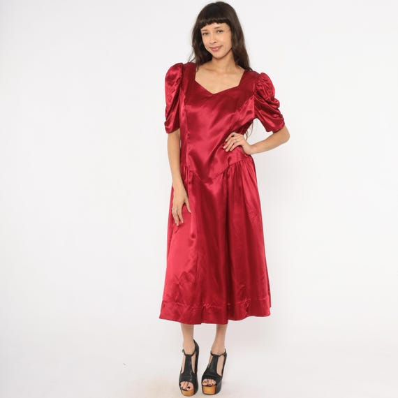 Burgundy Satin Bow Back Dress 80s Puff Sleeve Sweetheart Neckline Drop Waist Midi Wine Crimson Open Back Party Formal Vintage Large L