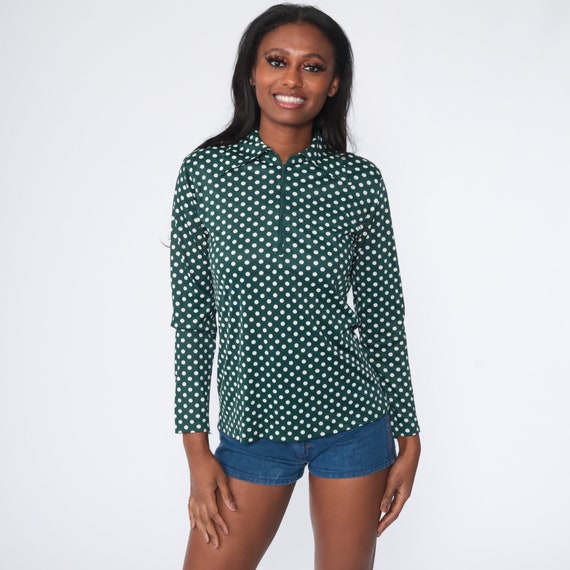 Polka Dot Shirt 70s Top Zip Up Shirt Green Blouse Boho Disco 1970s Collared Nerd Geek Vintage Long Sleeve Retro Medium