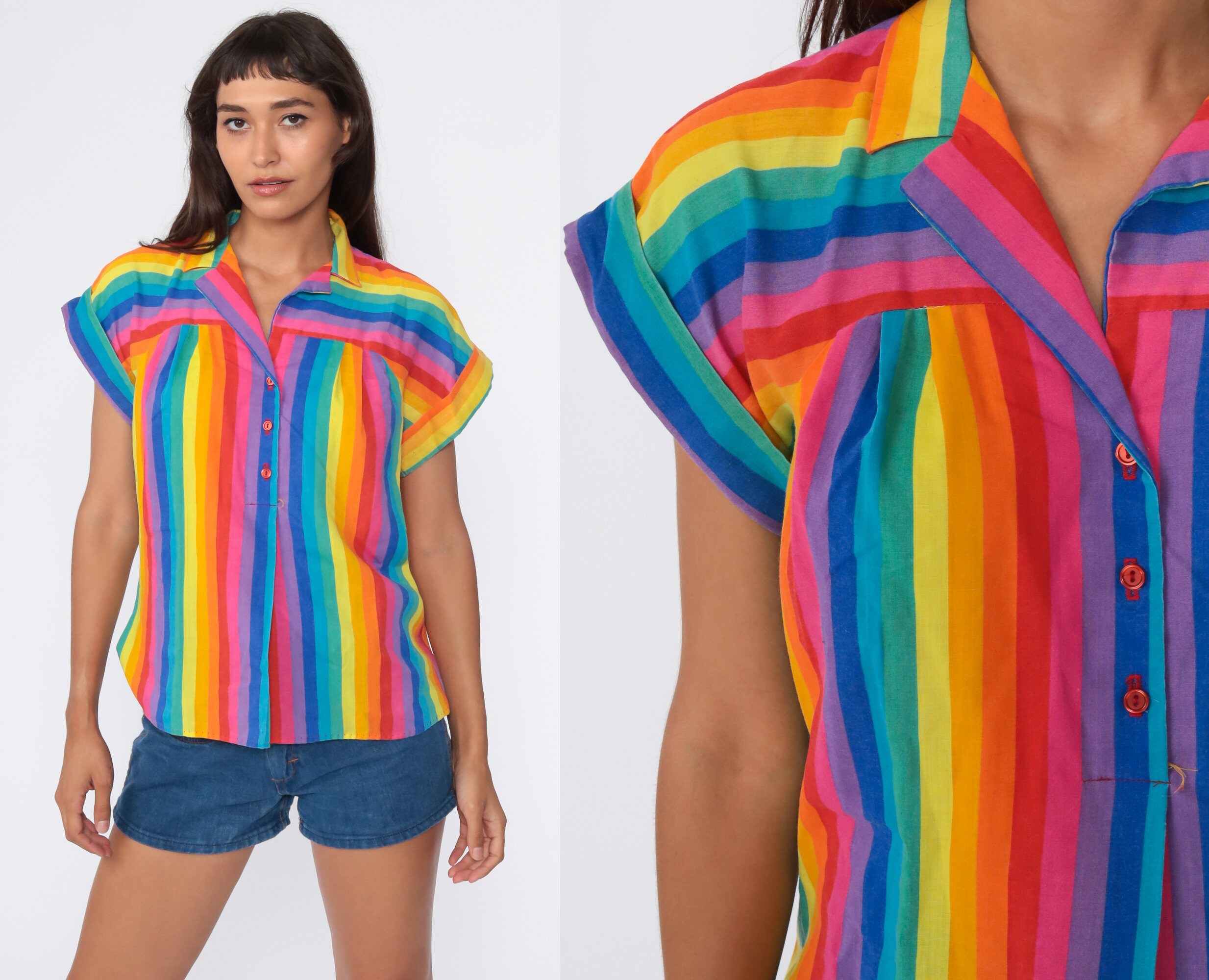 Rainbow Striped Blouse 80s Top Button 