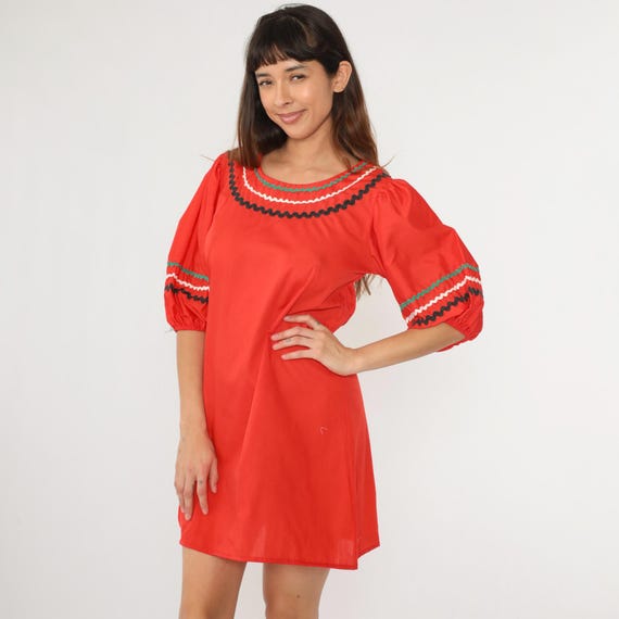 70s Red Mini Dress Ric Rac Puff Sleeve Folk Country Boho Pockets Vintage Peasant Short Sleeve Bohemian Shift 1970s Medium