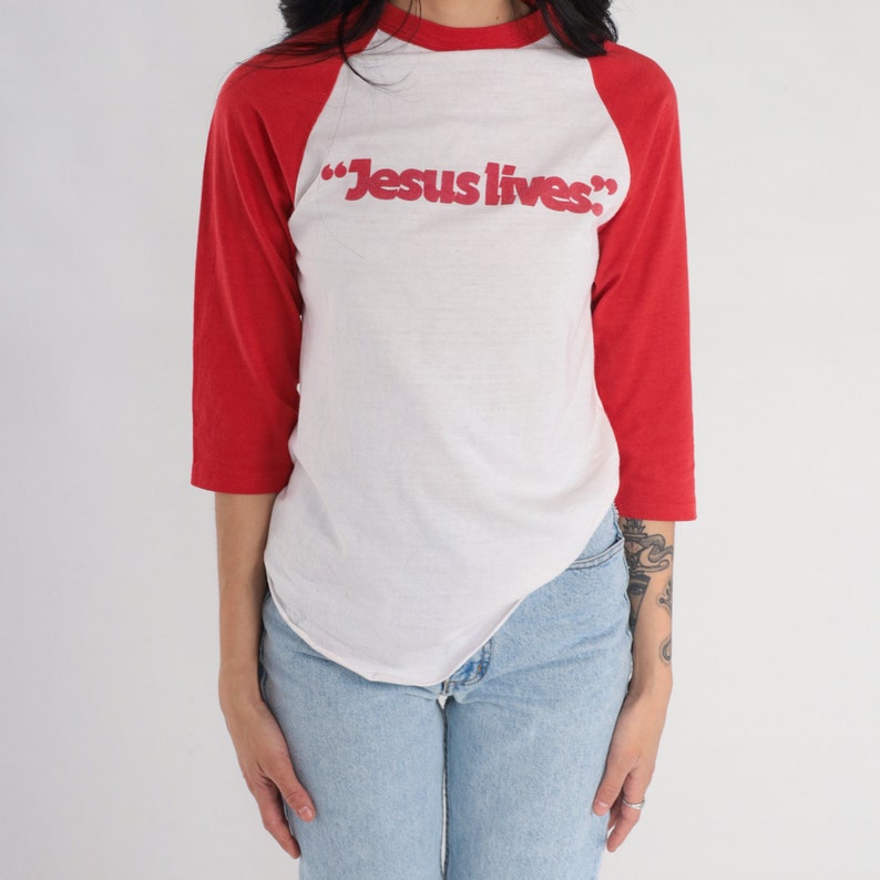 Vintage Jesus Lives Shirt Raglan Tee 80s Ringer Tshirt 80s Christian T Shirt Raglan Sleeve Distressed Baseball Tshirt White Red Retro Small image 6