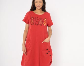 Katzen T-Shirt Kleid 90er Jahre Rote Baumwolle Neuheit Pfoten Grafik Kurzarm Aufgesetzte Taschen Vorne Schrulliger Pullover Karminrot S M