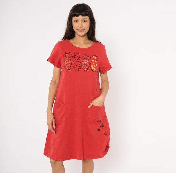 Cat T-Shirt Dress 90s Red Cotton Novelty Paw Graphic Short Sleeve Front Patch Pockets Quirky Whimsical Pullover Crimson Small Medium S M