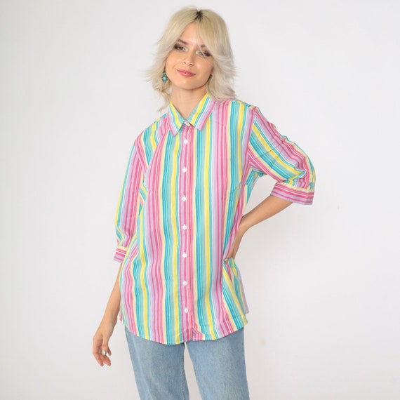 00s Striped Shirt Bright Rainbow Blouse Y2K Vintage Button Up Shirt Boyfriend Shirt 3/4 Sleeve Pink Yellow Blue Lavender Medium