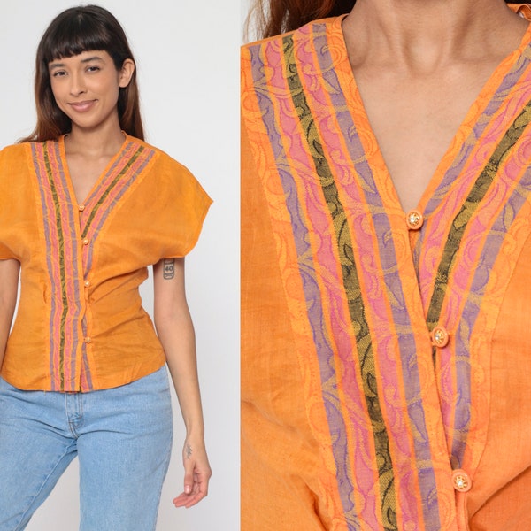 Orange Rococo Striped Blouse Rhinestone Button Up Shirt Y2K Retro Short Dolman Sleeve Top V Neck Button Down Vintage 00s Extra Small xs