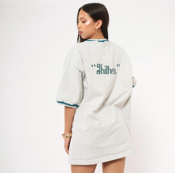 Thithers Ringer Tee 90s Grey Cotton Shirt Teal Trim Boxy Fit Short Sleeve Embroidered Back Streetwear Unisex Plus Size Extra Extra Large XXL