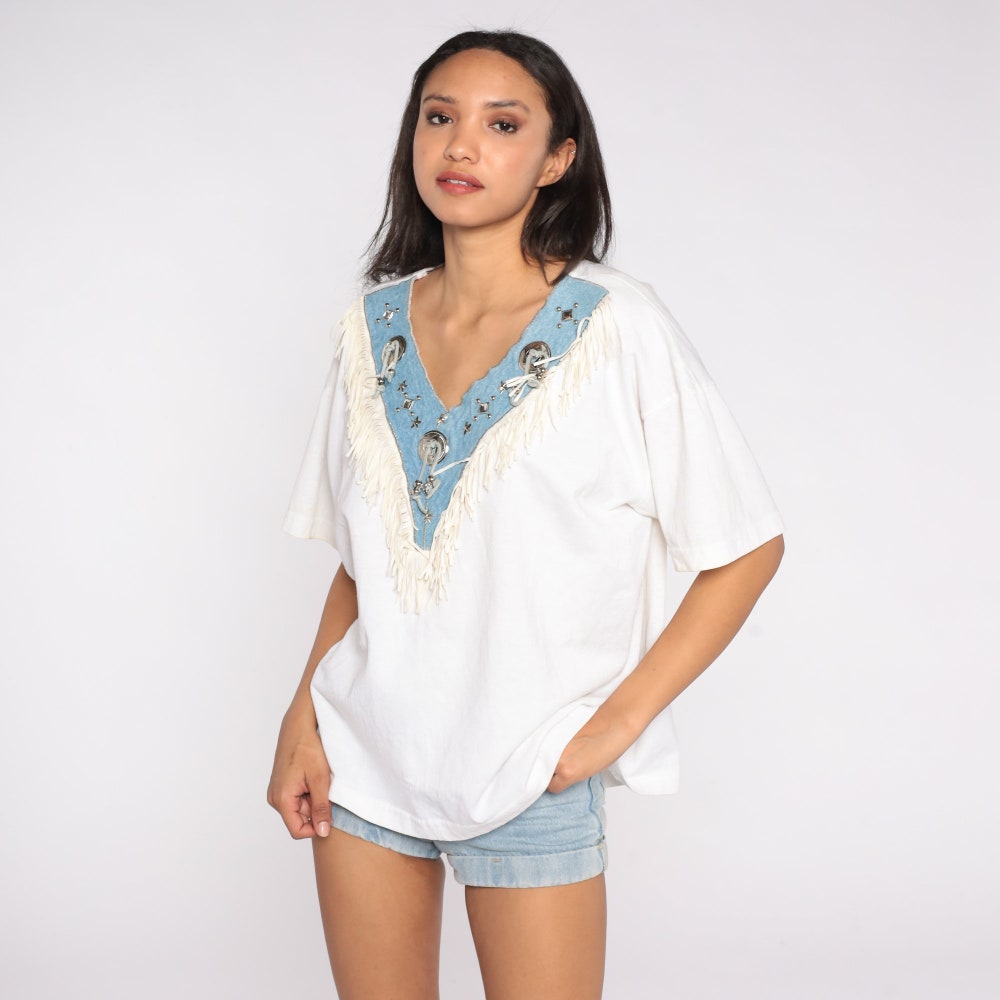 Western Fringe T Shirt 80S Denim Concho Yoke Leather Shirt Stars Studs Southwestern Rodeo Tshirt Vintage Retro Cowgirl Tee Extra Large Xl