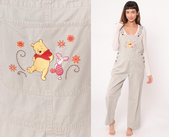 Winnie Pooh & Piglet Overalls 90s Disney Embroidered Cotton Cream Beige Adjustable Straps Button Side Vintage Coveralls Jumpsuit Medium M