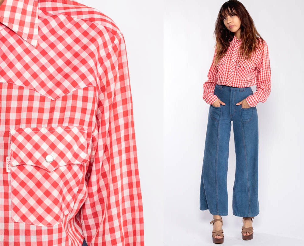 Cropped Shirt Red GINGHAM Shirt 70s 