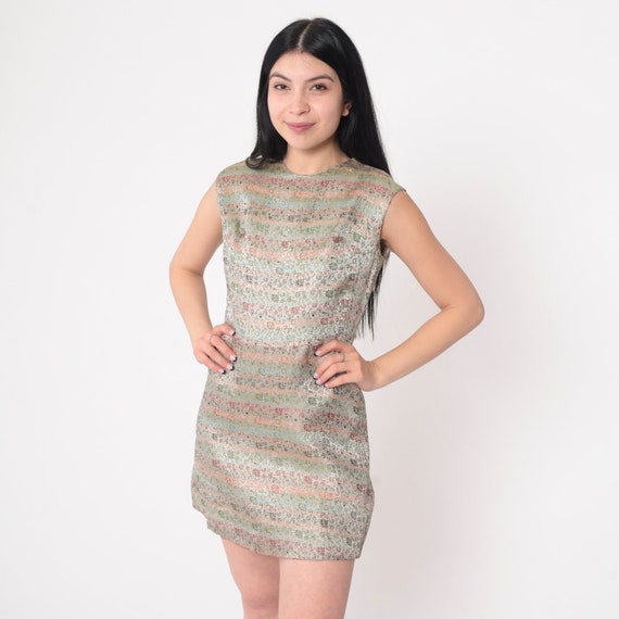 60s Brocade Dress Floral Party Dress Mod Mini Dress Retro Mad Men Cocktail Formal Shift High Waisted Sleeveless Vintage 1960s Small 4