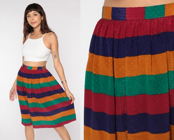 Rainbow Skirt 80s Striped Midi Skirt Boho High Wa… - image 1