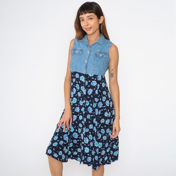 Floral Denim Dress 90s Midi Jean Grunge Dress Vintage Summer 1990s Button Up High Waist Ditsy Sleeveless Blue Rayon Extra Small xs