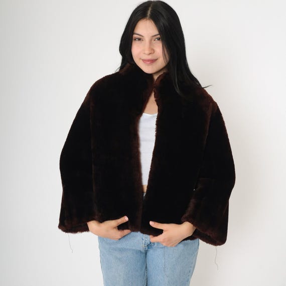 70s Fur Coat Dark Brown Open Front Jacket Retro Cape Style Glam Bohemian Bell Sleeve Boho Winter Warm Seventies Vintage 1970s Small S