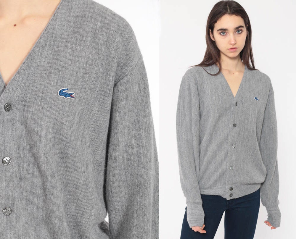 Lacoste Cardigan Sweater 80s Button Up IZOD Crocodile Grey Slouchy Vintage 1980s Preppy Hipster 