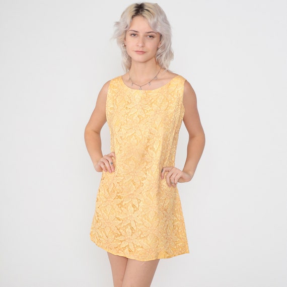 Yellow Lace Dress 60s Party Dress Mod Mini Cocktail Dress Floral Formal Shift Mad Men Sleeveless Jackie O Evening Vintage 1960s Medium M