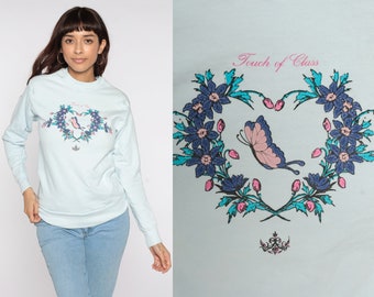 Butterfly Sweatshirt Touch Of Class Shirt 80s Floral Heart Graphic Crewneck 90s Baby Blue Pastel Sweatshirt Vintage Extra Small xs