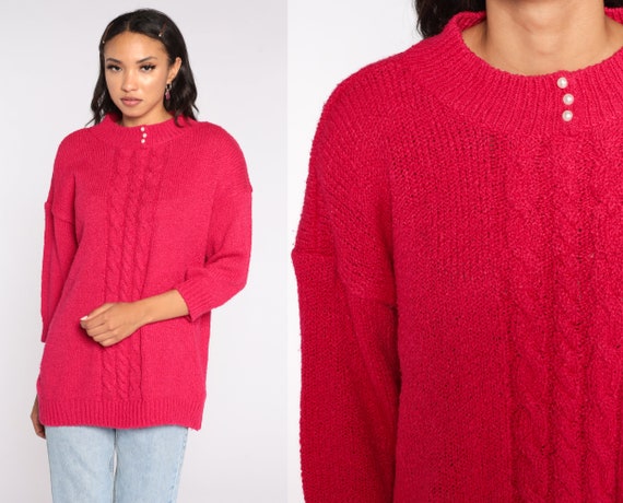Hot Pink Cable Knit Sweater 80s Slouchy Knit Boho… - image 1