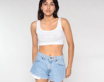 Levis Cutoff Shorts 90er Jahre Denim Cut Off Shorts Levi 560 Jeans Shorts Ausgefranst Mid Rise 560s Cutoffs USA Made Sommer Blau Vintage 1990s Small S 27