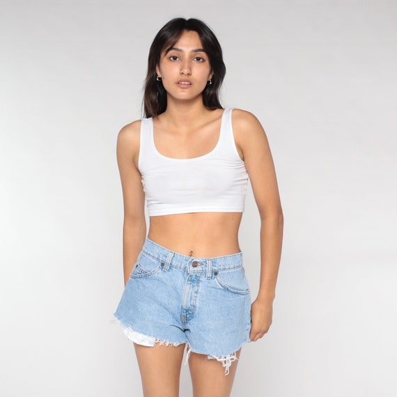 Levis Cutoff Shorts 90s Denim Cut Off Shorts Levi 560 Jean Shorts Frayed Mid Rise 560s Cutoffs USA Made Summer Blue Vintage 1990s Small S 27