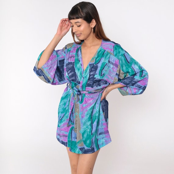 90s Mini Robe Brushstroke Embossed Paisley Short Kimono Mini Lingerie Jacket Dressing Gown Wide Sleeve Purple Blue Boho Vintage 1990s Small