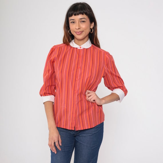 70s Striped Blouse Red Multi Shirt PETER PAN Collar 3/4 Sleeve Top Boho Disco Hipster Button Up 1970s Collared Yellow Medium