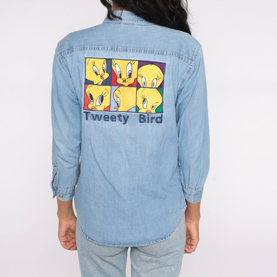 Vintage Looney Tunes Shirt Tweety Bird Denim Shirt Jean Shirt Warner Bros Cartoon Top 90s Graphic Button Up Long Sleeve Youth Extra Large xl