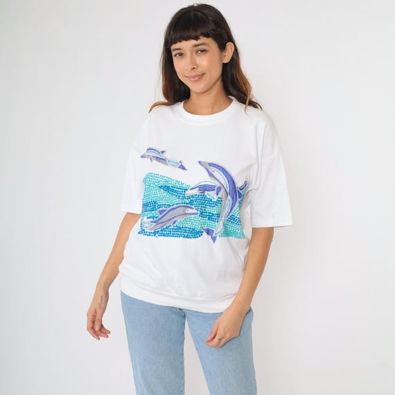 Vintage Sequin Dolphin T-Shirt 90s Sparkly Embroidered Ocean Animal Graphic Tee Retro Banded Hem TShirt Single Stitch White 1990s Medium M