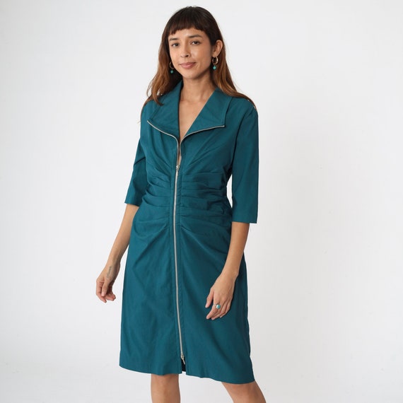 Tight Teal Dress Zip Up Sheath Dress Y2K Bodycon Dress Pleated Dress Joseph Ribkoff Midi Vintage 00s Front Zipper 3/4 Sleeve 2000s Large 14