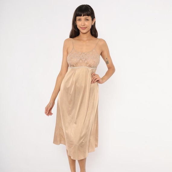 Nude Lace Bust Slip Dress 80s Bonny Satin Nightgown Embroidered Sheer Bodice Midi Champagne Beige Cami Lingerie Empire Waist Vintage Small S