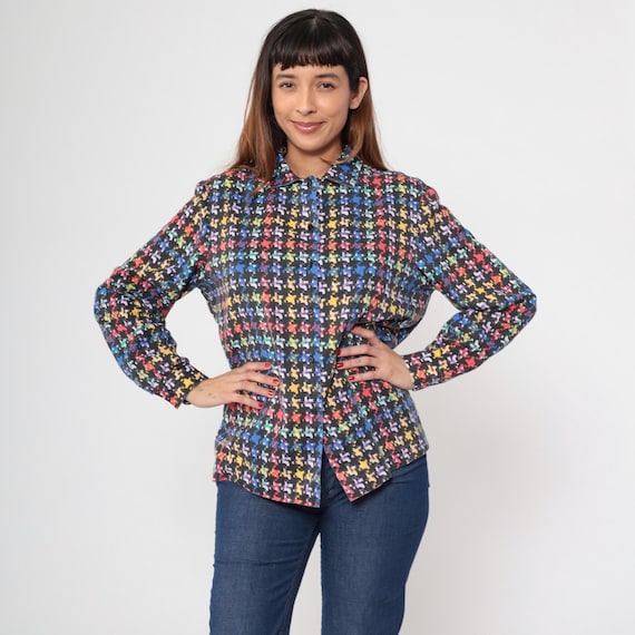 Vintage Rainbow Checkered Blouse 80s 90s Button Up Shirt Plaid Print Collared Long Sleeve 1980s Top Hipster Black Blue Pink Large l