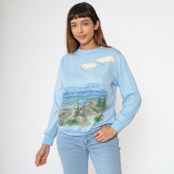 90s Lighthouse Sweatshirt Baby Blue Beach Sweater… - image 3