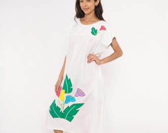 Vestido tropical con apliques de los 90, blanco, algodón, bordado floral, largo midi, cala, verde, rosa, amarillo, azul, estilo babydoll, escote redondo, vintage, talla L