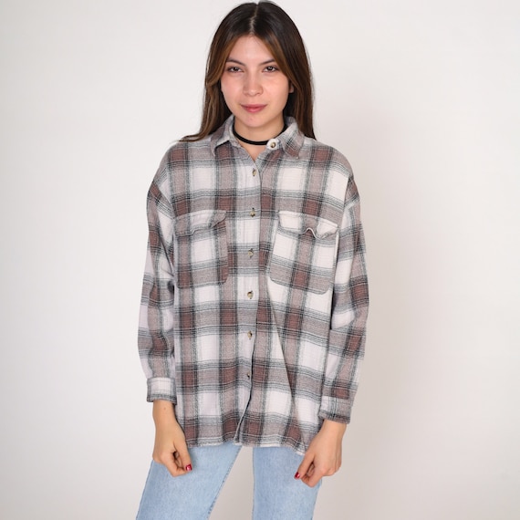 Flannel Shirt Y2K Plaid Button Up Grunge Boyfriend Top Lumberjack Long Sleeve Collared Streetwear Cotton Off White Brown Vintage 00s Large L