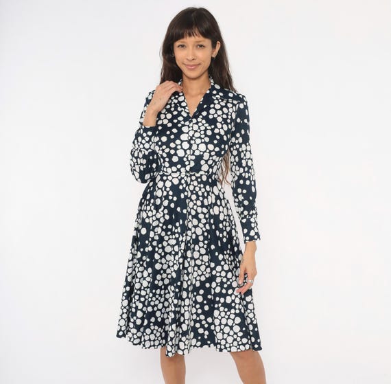 70s Polka Dot Wrap Dress Navy White Spotted Print V Neck Notched Collar Long Sleeve Fit Flare Button Front Gray Vintage Extra Small XS