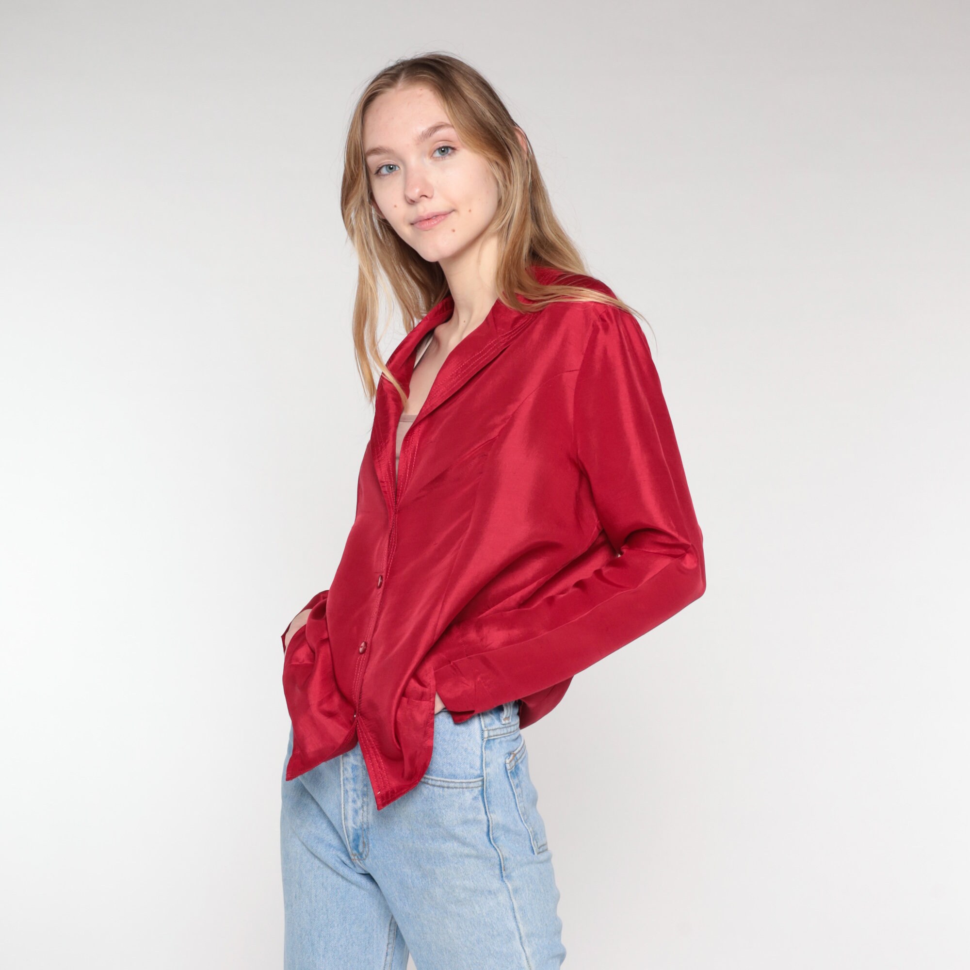 silk red button up