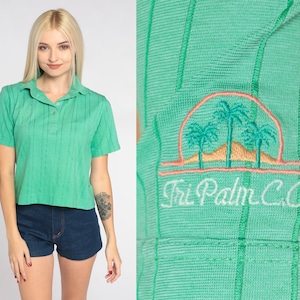 Green Polo Shirt 70s Tri Palm Country Club Ribbed Collared Shirt Embroidered Palm Tree Button Up Short Sleeve Retro Vintage 1970s Small S image 1