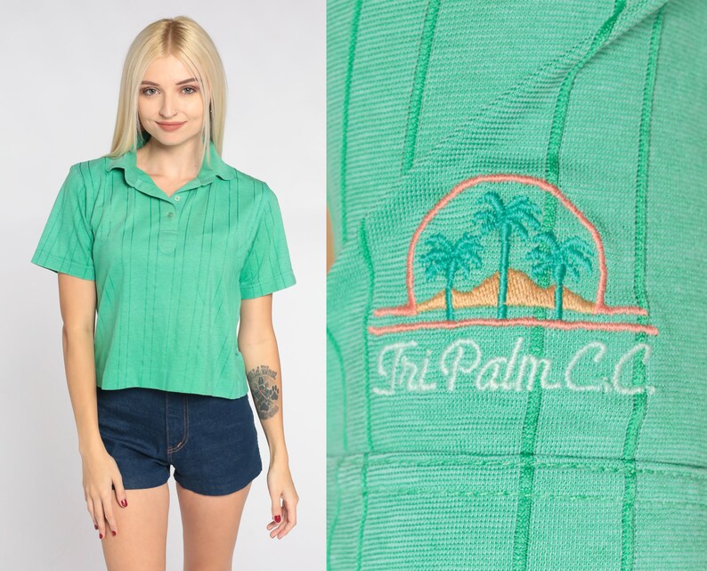 Green Polo Shirt 70s Tri Palm Country Club Ribbed Collared Shirt Embroidered Palm Tree Button Up Short Sleeve Retro Vintage 1970s Small S image 1