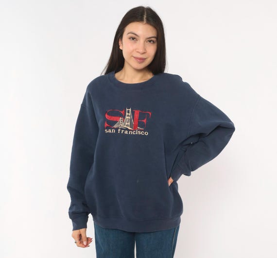 San Francisco Embroidered Sweatshirt 90s Navy Blue Crewneck Golden Gate Bridge Souvenir Tourist City Travel Relaxed Fit Unisex Large L