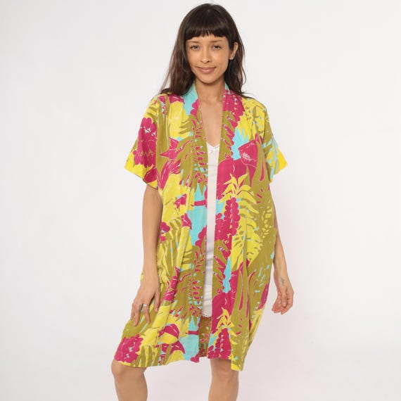 80s Lion Robe Jungle Tropical Palm Foliage Yellow Pink Magenta Kimono Cotton Animal Print Duster Short Sleeve Loungewear Small Medium M