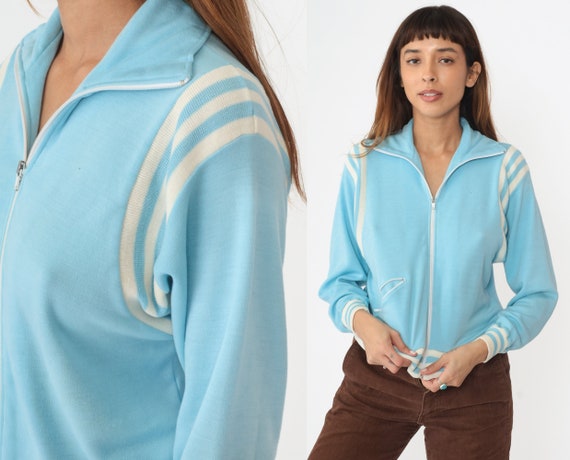 Baby Blue Track Jacket 80s Zip Up Sweatshirt Whit… - image 1