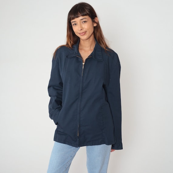 Navy Blue Windbreaker Jacket 80s Zip Up Bomber Jacket Plain Simple Basic Retro Sportswear Streetwear Coat Vintage 1980s Men's Extra Large xl