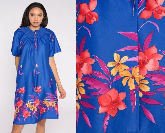 Floral Lounge Dress Blue 70s Midi Hippie Dress Tent 1970s Shift Boho Vintage Short Flutter Sleeve House Dress Front Zip Up Medium