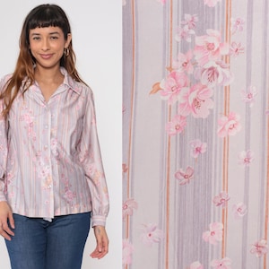 Striped Floral Shirt 70s Pink Lavender Button Up Blouse Disco Shirt Boho Hippie Top Groovy Long Sleeve Collared Vintage 1970s Medium Large