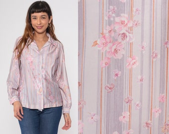 Camisa floral listrada 70s rosa lavanda botão acima blusa disco camisa boho hippie topo groovy manga longa colarinho vintage 1970s médio grande