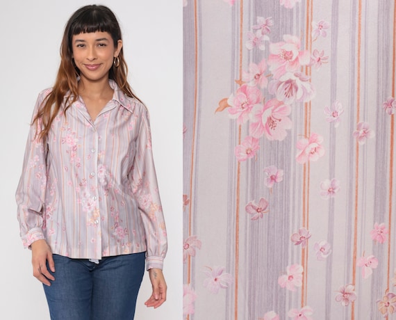 Striped Floral Shirt 70s Pink Lavender Button Up Blouse Disco Shirt Boho Hippie Top Groovy Long Sleeve Collared Vintage 1970s Medium Large