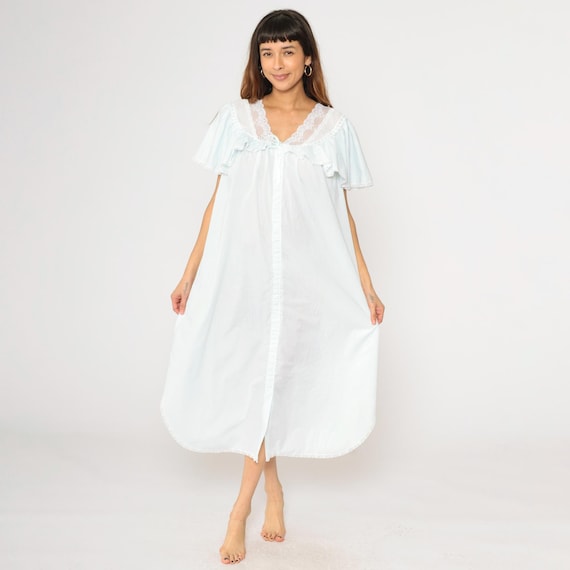 80s Maternity Nightgown Pale Blue Lace Pajama Dress Short Flutter Sleeve Nightie Midi Thin Boho Vintage Button Up Pastel Large L