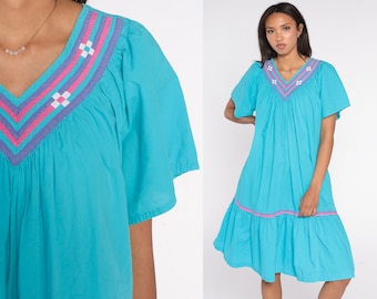 Turquoise Blue Tent Dress 90s Cotton Midi Dress Pink Purple Trim Sundress Peasant Flowy Trapeze Hippie Summer Tiered Vintage 1990s Medium M