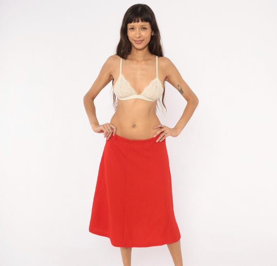 70s Red A Line Skirt Ribbed Flared Scarlet Cherry Crimson Ecco Bay Vintage Pleated Panel Swing Summer Beach Tomato Girl Style Large L