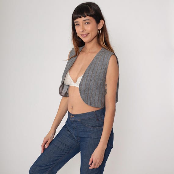 Cropped Vest 80s Gray Pinstripe Sleeveless Open Front Vintage Preppy Dark Academia Professional Blazer Waistcoat Office Small S